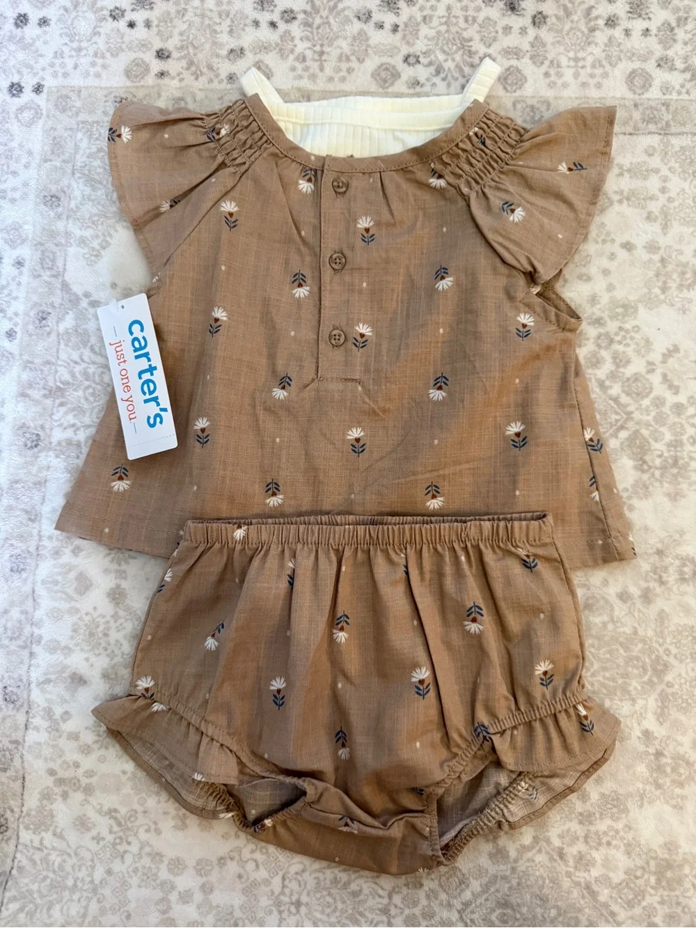 Carter's Baby Brown Floral Two-Piece Set with Cream Bodysuit 3 Piece Set